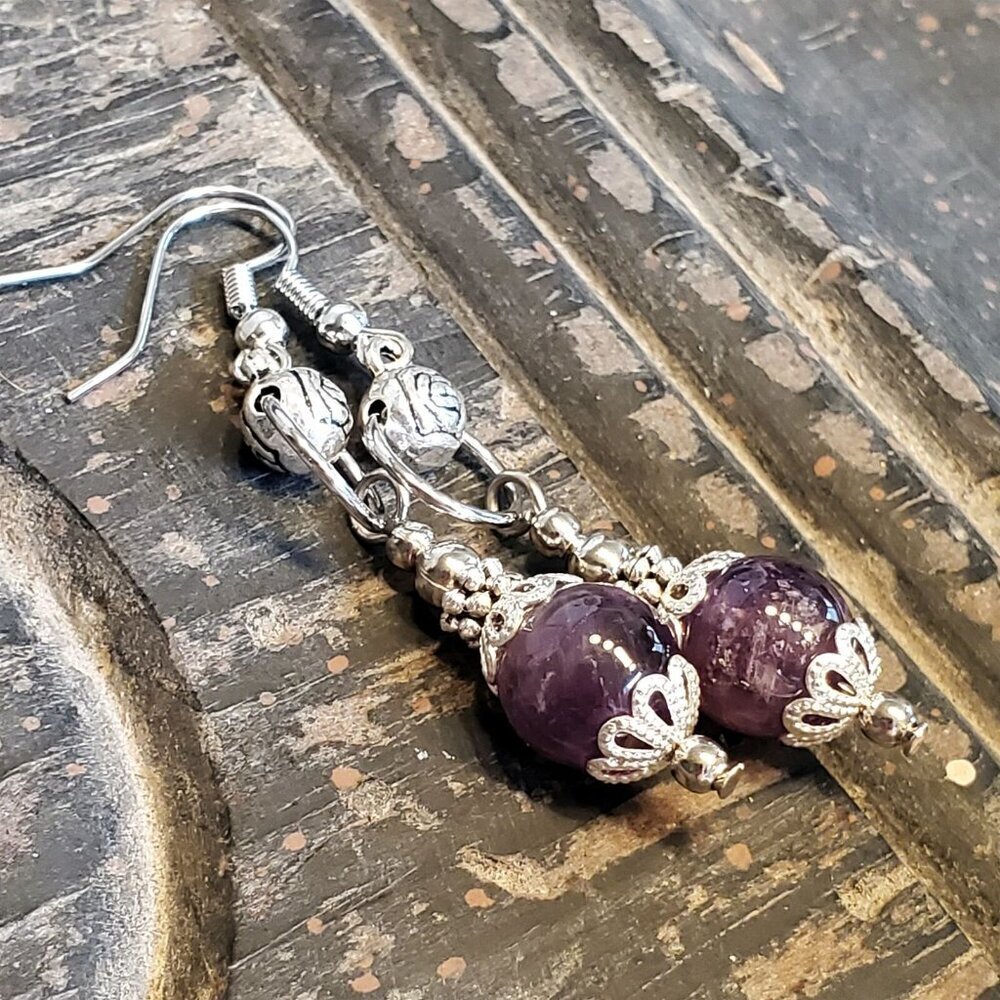 Handcrafted Amethyst Gemstone Lacy Trim Silver Carved Rose Earrings